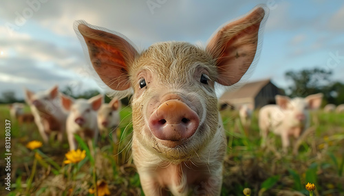 Little cute piglet looking at the camera with a curious expression on its face photo