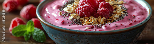 A delicious and healthy breakfast smoothie made with fresh raspberries, yogurt, and chia seeds, topped with a sprinkle of oats and served in a blue bowl. photo