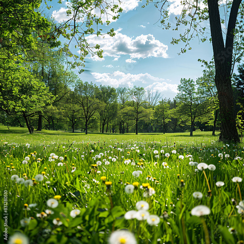 Springs vitality depicted through a field of young green grass and scattered dandelions, with garden trees in the distance, offering a tranquil natural background