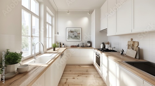 Scandinavian kitchen design with white cabinets, wooden countertops, minimalist aesthetics, and ample natural light