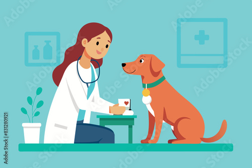 Veterinary clinic, veterinarian, dog, examination table, medical equipment, shelves, bottles, containers, plant pot, notepad.