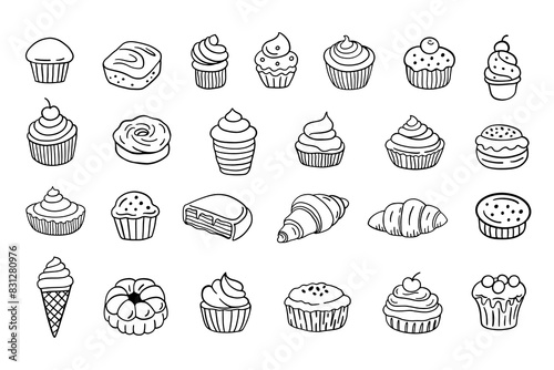 Sweet Bakery Menu Dessert Cakes Doodle Icons Set