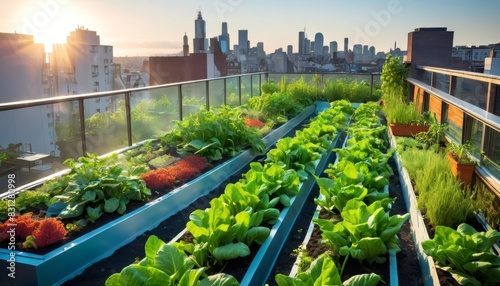 A vibrant rooftop garden with various vegetables and plants flourishing under the early morning sun. The city skyline in the background highlights the contrast between urban life and sustainable © Anastasiia