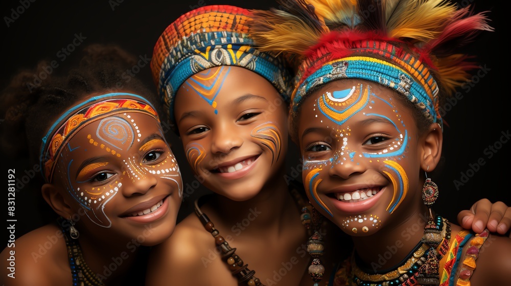 Three joyful kids with colorful traditional bead necklaces and painted faces, celebrating culture and friendship, captured on a dark background. Three joyful kids with colorful traditional bead necklaces and painted faces, celebrating culture and friendship, captured on a dark background.
