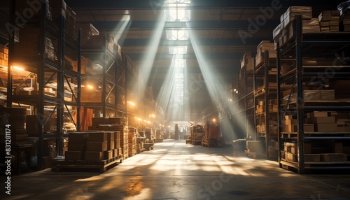 Sunlight streaming through windows in a spacious warehouse with shelves and boxes creating an industrial, organized, and productive atmosphere. photo