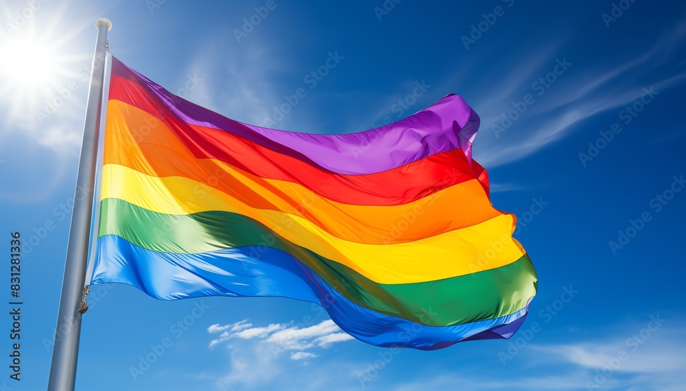 Vibrant rainbow flag waving with blue sky background, symbolizing ...