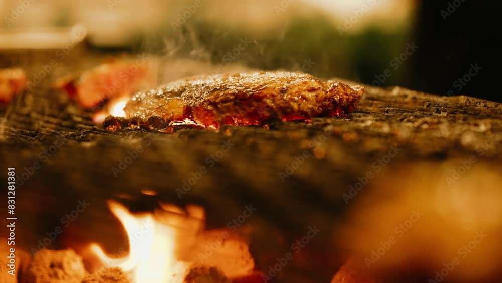 Meat for burger on grill and fire. fry burger meat. close-up. Picnic outside meat is grilled outdoors in flame. Barbecue grill. Juicy meat patty is cooked on coals for party in nature Meat for burger on grill and fire. fry burger meat. close-up. Picnic outside meat is grilled outdoors in flame. Barbecue grill. Juicy meat patty is cooked on coals for party in nature