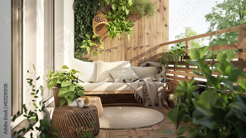 Scandinavian terrace with wooden elements, minimalist design, cozy seating, and green plants