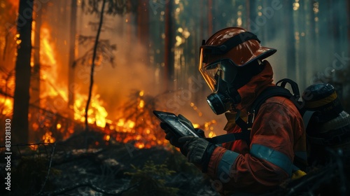 Firefighter using advanced technology on a tablet in a forest fire scenario.