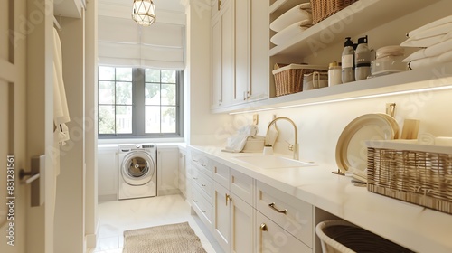 Scandinavian utility room featuring clean lines, neutral colors, sleek storage solutions, and bright lighting