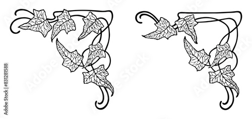 Corners floral leaf vintage decorative design elements tendrils  contour silhouette vector illustration isolated on white