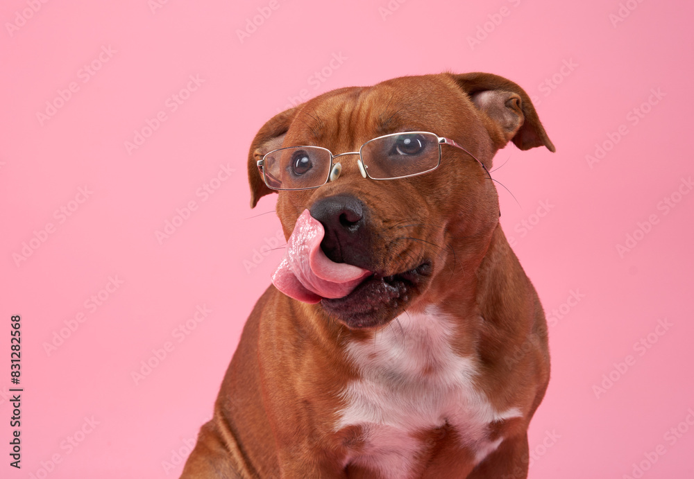 Obraz premium A scholarly looking Staffordshire Bull Terrier dog sports a pair of glasses, giving it an intellectual air against a soft pink backdrop