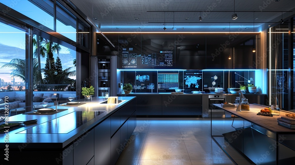 Ultra-modern open kitchen with a high-tech theme
