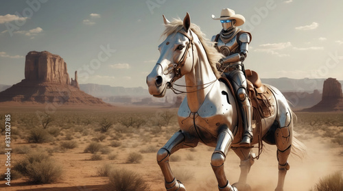 Futuristic Robot Cowboy Riding Metallic Horse Across Barren Desert Landscap