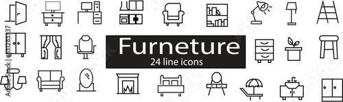 Furniture black icons Vector. Furniture illustration symbol Furniture, set line icon. black outline logo for mobile apps web or site design. Interior vector illustration with transparent background.