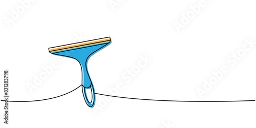 Glass cleaner, cleaning glass, squeegee one line colored continuous drawing. Cleaning service tools continuous one line illustration.