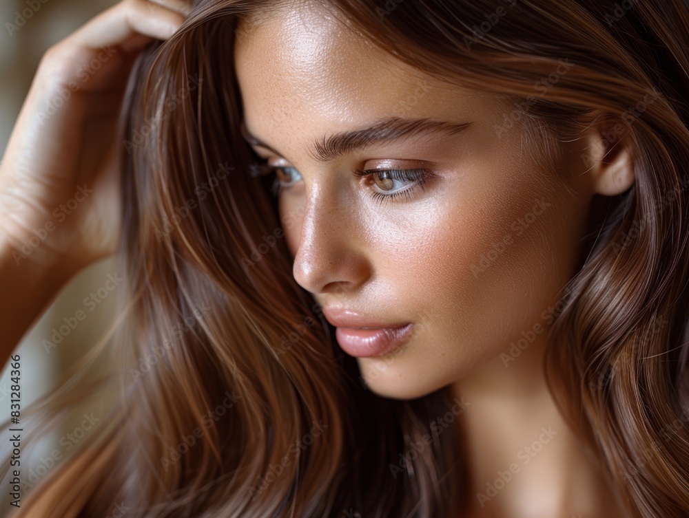 Close-up of smiling brunette model with long hair. Close-up of smiling brunette model with long hair.