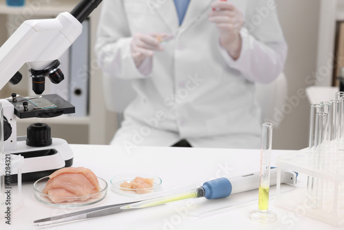 Quality control. Food inspector examining meat in laboratory  closeup
