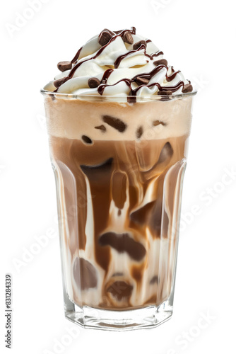 A glass of chocolate milk with whipped cream on top isolated transparent background