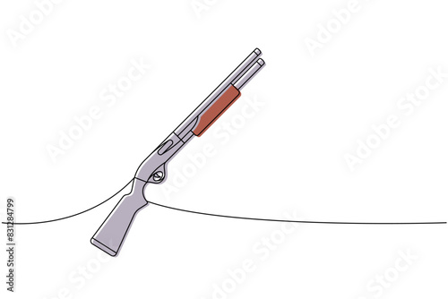Firearms shotgun, hunter carbine one line colored continuous drawing. Various modern weapons continuous one line illustration. Vector illustration.