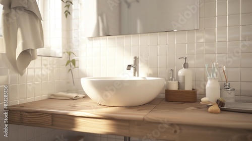 Scandinavian bathroom with a minimalist sink  white tiles  wooden accents  and clean lines