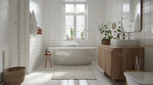 Scandinavian bathroom with white tiles  wooden accents  minimalist fixtures  and a serene ambiance