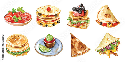 Set collection hand drawn watercolor of fast food mexican traditional snacks dishes cuisine lunch dinner