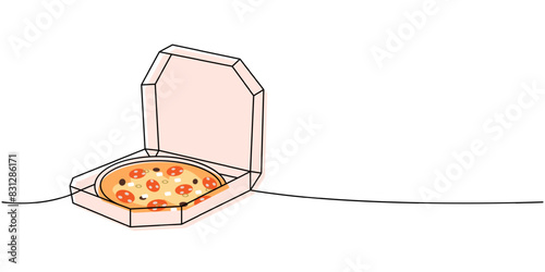 Whole traditional pizza in a box one line colored continuous drawing. Traditional italian fast food continuous one line illustration.