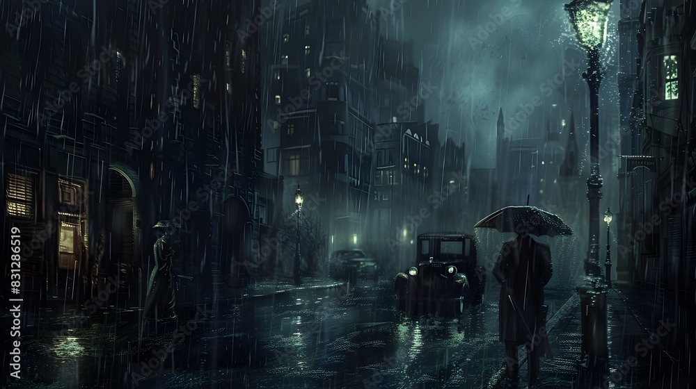 Obraz premium Solitary Silhouette Amid the Rainy City Nightscape
