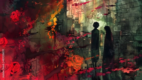 Surreal Cityscape in Futuristic Nightscape with Silhouetted Figures