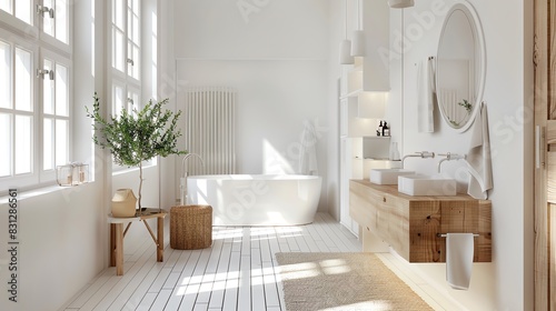 Scandinavian shared bathroom with minimalist vanity, white walls, wooden elements, and bright lighting