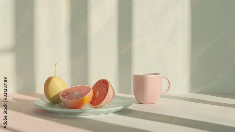 A minimalistic still life of fruit and a cup on a set of pastel-colored plates A minimalistic still life of fruit and a cup on a set of pastel-colored plates