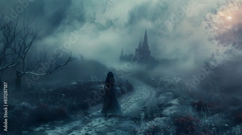 Mysterious Castle Shrouded in Ominous Fog and Storm Clouds on a Winding Forest Path