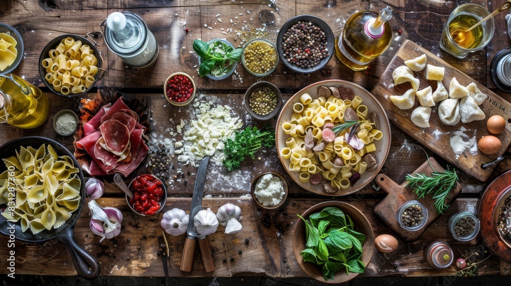 Creative flat lay of homemade pasta with various ingredients on a rustic table. Creative flat lay of homemade pasta with various ingredients on a rustic table.