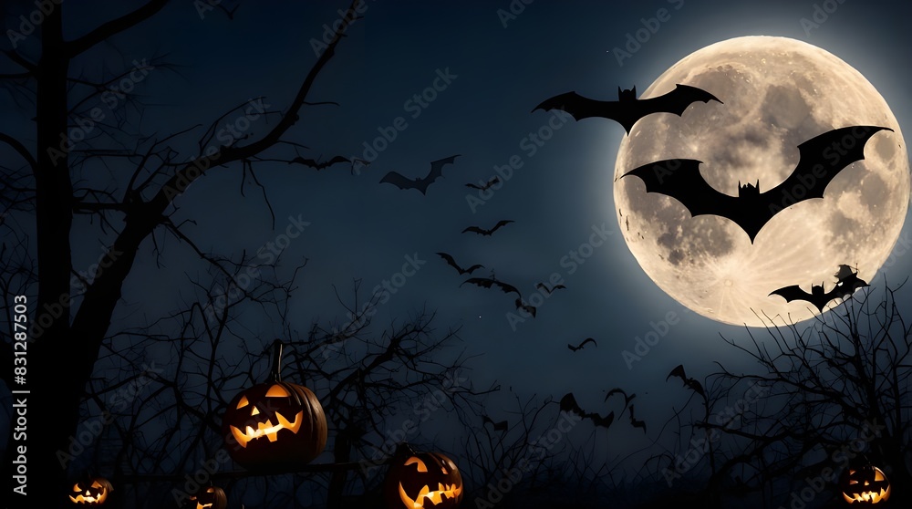 Flying Black silhouette of bats under moon in mystery halloween night.