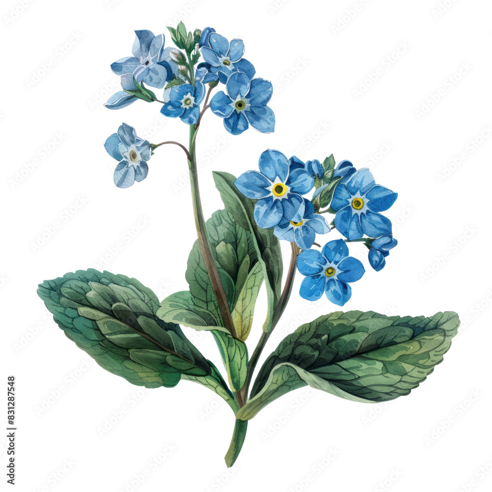 A bouquet of blue hydrangea flowers isolated on a white background, showcasing their vibrant petals and lush green leaves