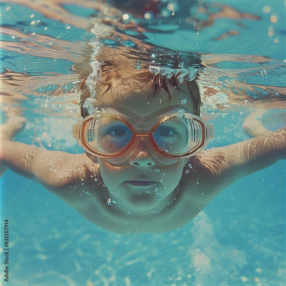 Naklejka premium The child is having fun, swimming, diving in the pool with safety glasses. Entertainment during the summer holidays.