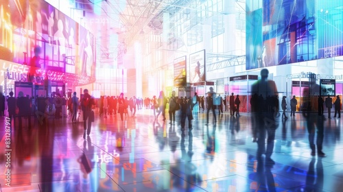 Vibrant city scene with a crowd of people in vivid color. Bright lights and blurred motion create a dynamic urban atmosphere.