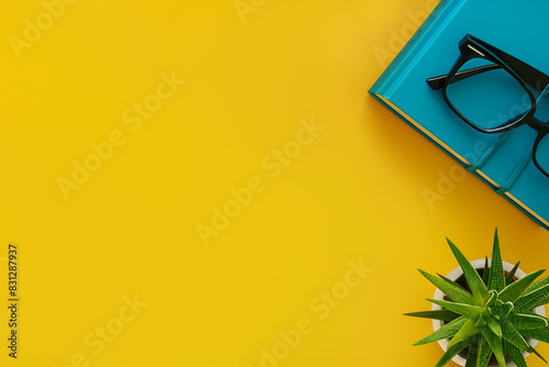 Top view of a desktop with a diary and glasses. Flat lay on yellow background with copy space. Minimalistic background.