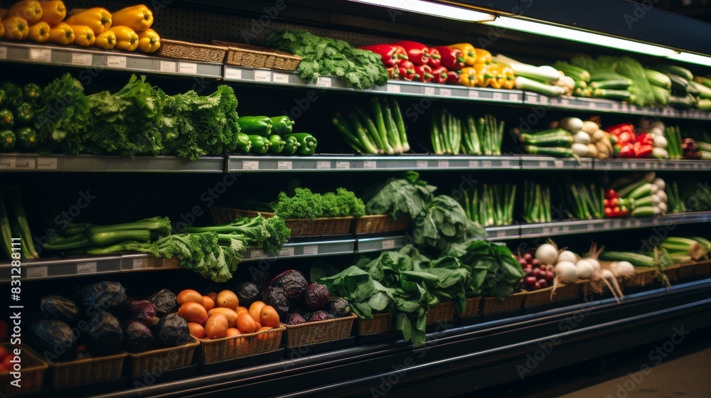 Fresh assorted vegetables on display in a supermarket, offering a diverse range of healthy produce Fresh assorted vegetables on display in a supermarket, offering a diverse range of healthy produce