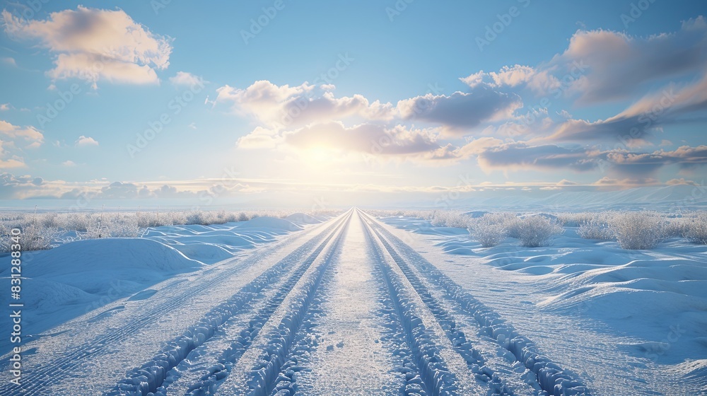 Sunny Day on a Spacious Green/Snow-Covered Road. Ultra Detailed, Photorealistic Scene Capturing the Serenity and Beauty of Nature in 8K Resolution with Perfect Lighting.