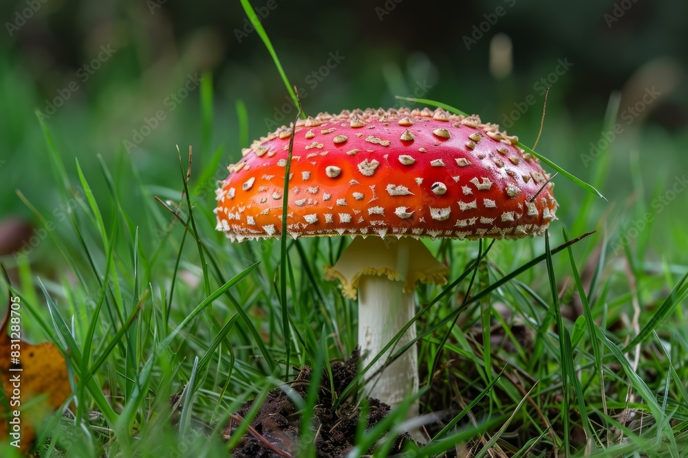Crisp closeup of a red and white spotted amanita muscaria, commonly known as the fly agaric mushroom, in a lush forest Crisp closeup of a red and white spotted amanita muscaria, commonly known as the fly agaric mushroom, in a lush forest