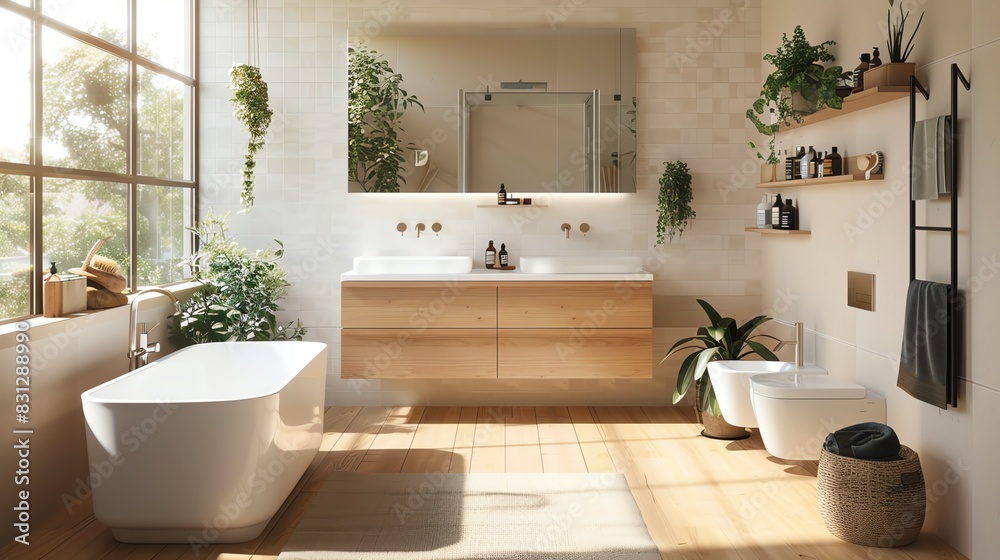 Scandinavian shared bathroom with neutral colors, clean lines, modern fixtures, and cozy atmosphere Scandinavian shared bathroom with neutral colors, clean lines, modern fixtures, and cozy atmosphere