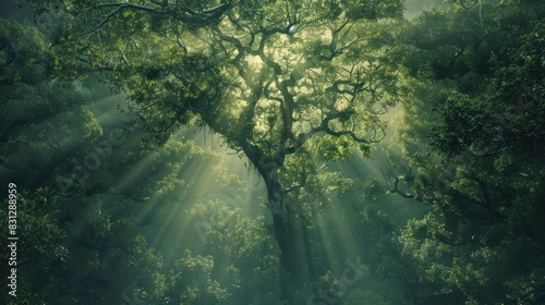 A painting of a forest with trees reaching up to the sky