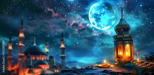 Eid Adha mubarak and ramadan kareem greetings with an islamic lantern and moon, in front of a mosque background