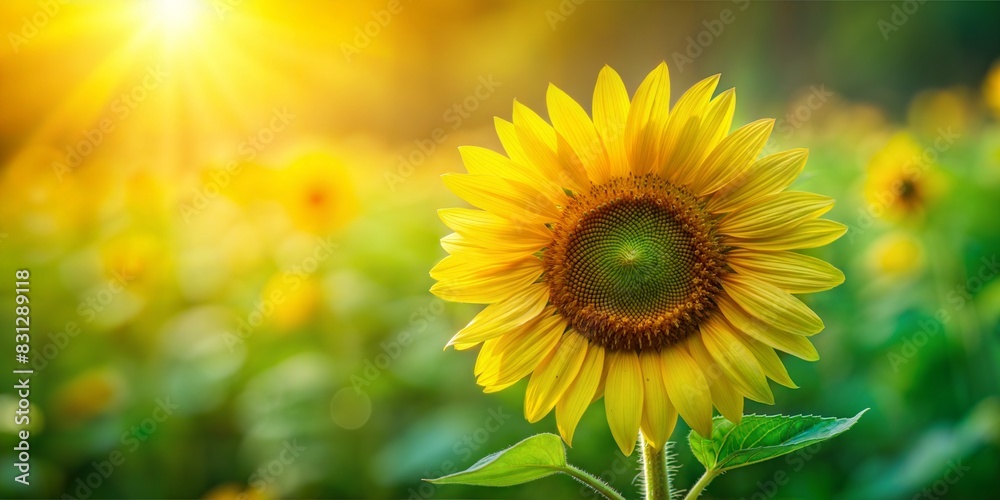 Obraz premium Sunflower Blur: A bright, yellow and green blurred background featuring the cheerful form of a single sunflower. 