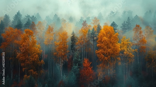 Misty autumn forestscape with vibrant foliage