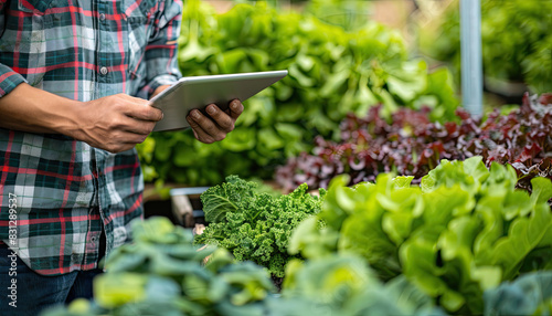 A man is holding a tablet in front of a garden of vegetables by AI generated image