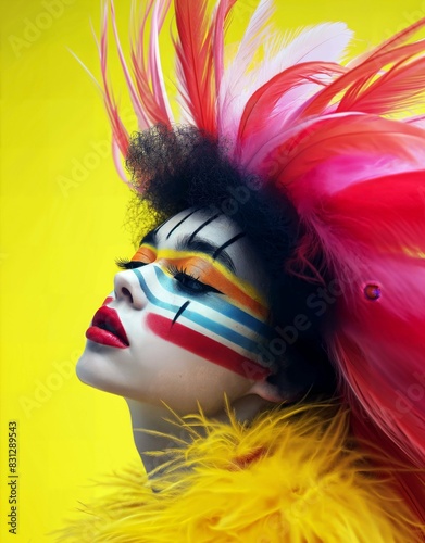 AI generated illustration of Woman with vibrant face paint in red and yellow attire