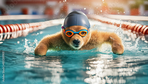 An adorable teddy bear with swimming goggles is depicted mid-stroke in an indoor pool with stylized water splashes